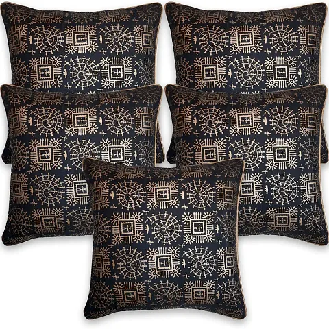 Gifts Island Set of 5 Dupion Silk Decorative/Traditional Rajasthani Warli Golden Hand Printed Throw/Pillow Square Cushion Covers