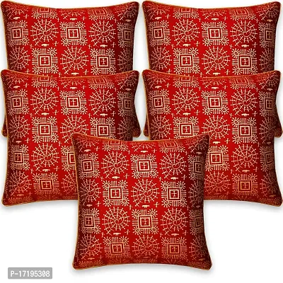 Gifts Island Set of 5 Dupion Silk Decorative/Traditional Rajasthani Warli Golden Hand Printed Throw/Pillow Square Cushion Covers