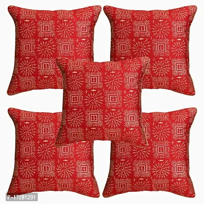 Gifts Island? Set of 5 Polyester Silk Traditional Warli Golden Hand-Block Printed Square Cushion Covers 16 inch x 16 inch (40.64 x 40.64 cm, Red)