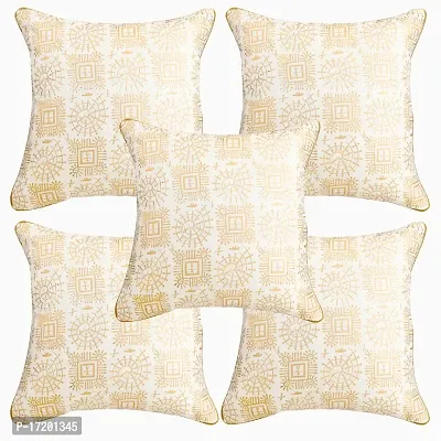 Gifts Island? Set of 5 Polyester Silk Traditional Warli Golden Hand-Block Printed Square Cushion Covers 16 inch x 16 inch (40.64 x 40.64 cm, White)