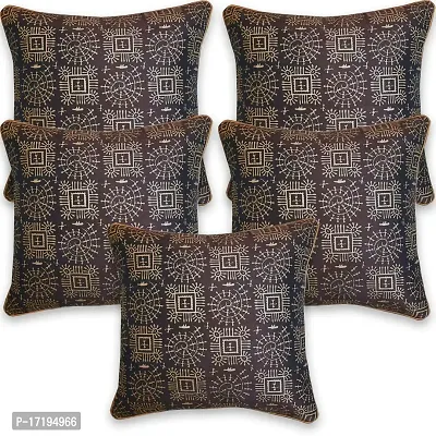 Gifts Island Set of 5 Dupion Silk Decorative/Traditional Rajasthani Warli Golden Hand Printed Throw/Pillow Square Cushion Covers