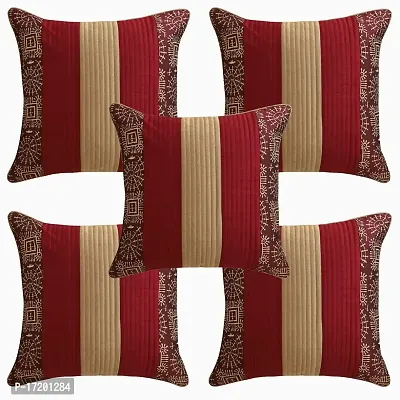 Gifts Island? Set of 5 Polyester Silk Traditional Hand-Block Printed  Striped Square Cushion Covers 16 inch x 16 inch (40.64 x 40.64 cm, Dark Maroon)