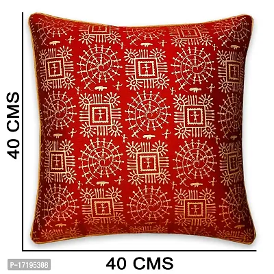 Gifts Island Set of 5 Dupion Silk Decorative/Traditional Rajasthani Warli Golden Hand Printed Throw/Pillow Square Cushion Covers-thumb3