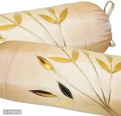 Gifts Island? Set of 2 Polyester Silk Gold Floral Patch-Work Bolster Covers 16 inch x 30 inch (40 x 75 cm, Beige)-thumb2