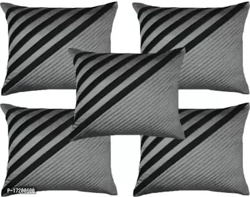 Gifts Island? Set of 5 Polyester Silk Silver  Black Striped Square Cushion Covers 16 inch x 16 inch (40.64 x 40.64 cm, Silver)