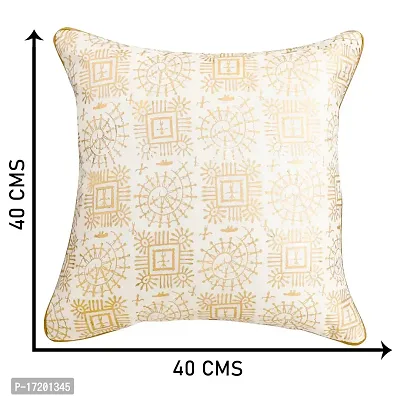 Gifts Island? Set of 5 Polyester Silk Traditional Warli Golden Hand-Block Printed Square Cushion Covers 16 inch x 16 inch (40.64 x 40.64 cm, White)-thumb2