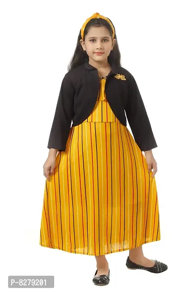 Vastra Fab Kids Girl Yellow Stripe Dress with Black Shrug Calf Length