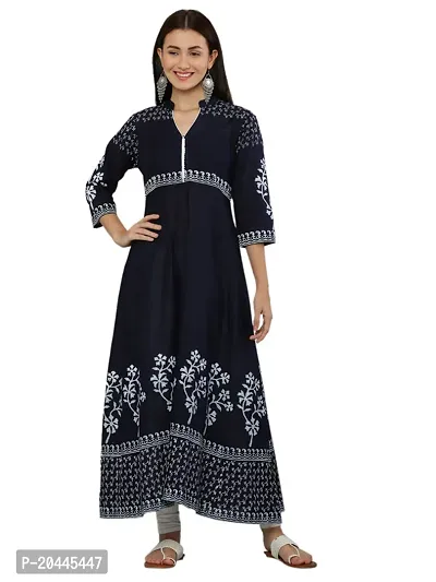 Stylish Navy Blue Cotton Printed Kurti For Women-thumb0