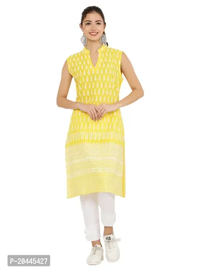 Stylish Yellow Cotton Printed Kurti For Women-thumb0