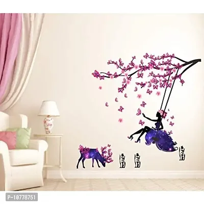 Byte Shop Angel on Swing with Little Deer and Butterfly Wall Stickers (PVC Vinyl, Multicolour, 110cmx100cm), Animal, Pack of 1-thumb0