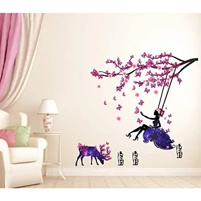 Byte Shop Angel on Swing with Little Deer and Butterfly Wall Stickers (PVC Vinyl, Multicolour, 110cmx100cm), Animal, Pack of 1