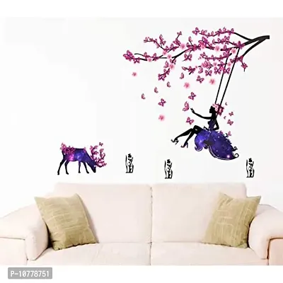 Byte Shop Angel on Swing with Little Deer and Butterfly Wall Stickers (PVC Vinyl, Multicolour, 110cmx100cm), Animal, Pack of 1-thumb2