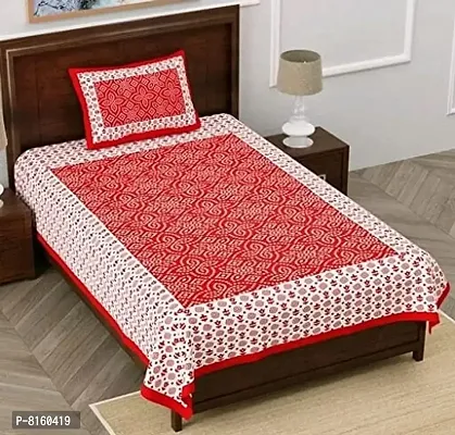 Krishna Store Rajsthani Prints Embrodarry Print Jaipuri Cotton Bed Sheet for Single Bed / Diwan Bedsheet with One Pillow Cover Size 60 x 90 Inch (Red)-thumb0