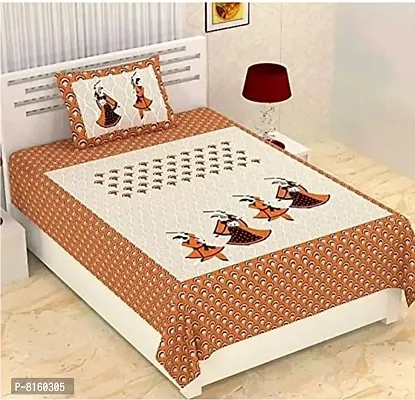 Krishna Store Rajsthani Prints Cotton Bed Sheet for Single Bed / Diwan Bedsheet with One Pillow Cover Size 60 x 90 Inch (Brown Orange)