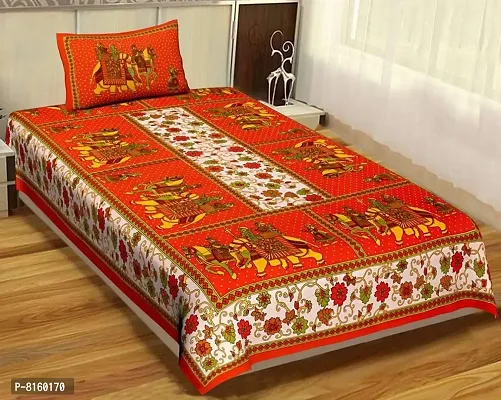 Jaipuri Store Cotton Bed Sheet for Single Bed / Diwan Bedsheet with One Pillow Cover Size 60 x 90 Inch Orange-thumb0