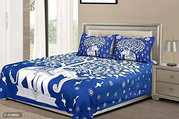 Krishna Handloom Sanganeri Print Cotton Bed Sheet for Double Bed with Two Pillow Cover Size 85 x 95 inch White Blue White-thumb0