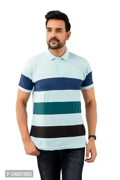 STYLE ACCORD Men Polo Neck Striped Tshirt (9XL, Sky Blue)