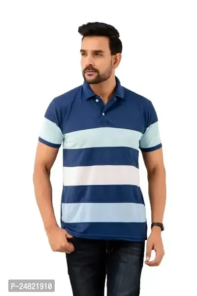 STYLE ACCORD Men Polo Neck Striped Tshirt (6XL, Denim Blue)
