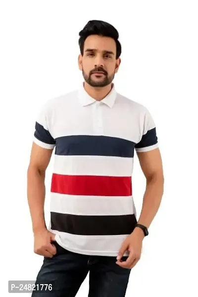 STYLE ACCORD Men Polo Neck Striped Tshirt (8XL, White)-thumb0