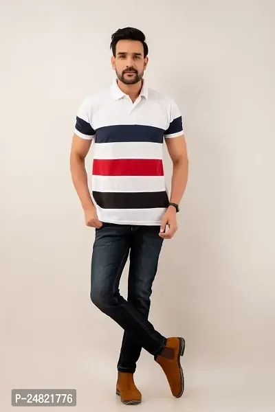 STYLE ACCORD Men Polo Neck Striped Tshirt (8XL, White)-thumb4
