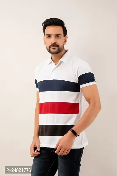 STYLE ACCORD Men Polo Neck Striped Tshirt (8XL, White)-thumb5