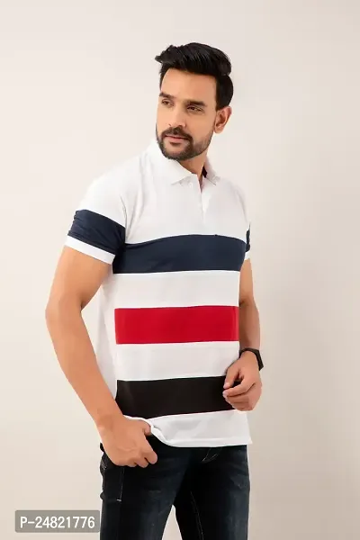 STYLE ACCORD Men Polo Neck Striped Tshirt (8XL, White)-thumb3