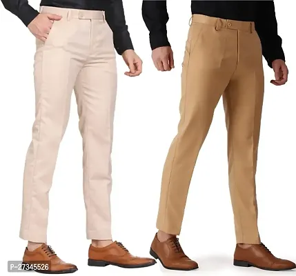 Stylish Multicoloured Cotton Blend Solid Regular Trousers For Men Combo Of 2-thumb2