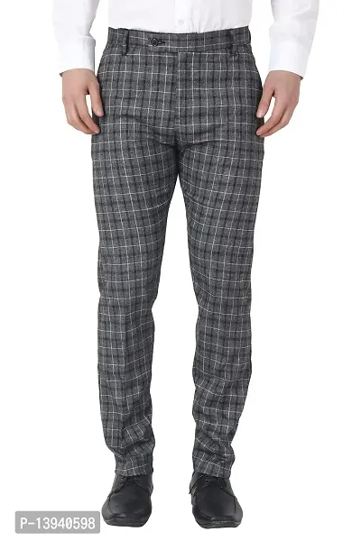 MALENO Men's Stretchable Checkered Black Regular Fit Formal Trouser-thumb0