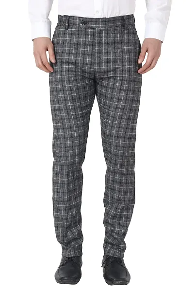 MALENO Mens Stretchable Checkered Black Regular Fit Formal Trouser