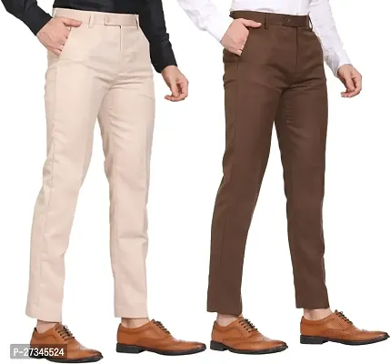 Stylish Multicoloured Cotton Blend Solid Regular Trousers For Men Combo Of 2-thumb2