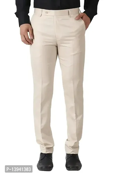Beige Cotton Blend Mid Rise Casual Trousers For Men-thumb0
