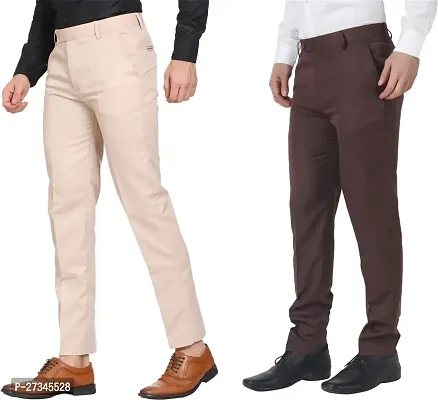 Stylish Multicoloured Cotton Blend Solid Regular Trousers For Men Combo Of 2