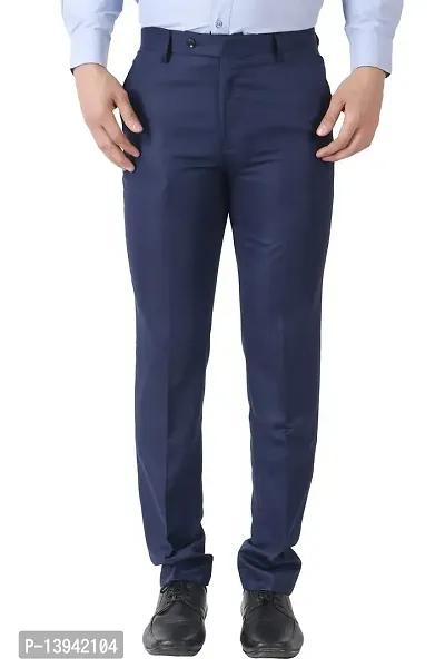 Navy Blue Cotton Casual Trousers For Men