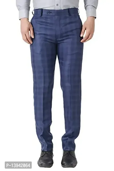 Navy Blue Cotton Mid Rise Casual Trousers For Men
