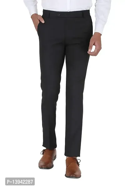 Black Polyester Viscose Blend Casual Trousers For Men