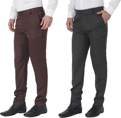 Elegant Polyester Cotton Blend Solid Formal Trousers For Men - Pack Of 2