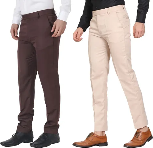Stylish Polyester Cotton Blend Solid Formal Trousers For Men- Pack Of 2