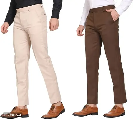 Stylish Multicoloured Cotton Blend Solid Regular Trousers For Men Combo Of 2-thumb0