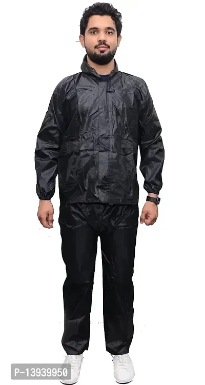Water Proof Rain Coat Suit For Men With Storage Bag High Collars And Adjustable Hood-thumb0