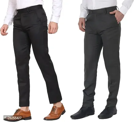 Stylish Polycotton Black Solid Regular Fit Formal Trousers For Men Pack Of 2-thumb0
