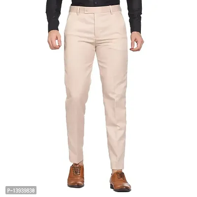 Beige Cotton Blend Casual Trousers For Men