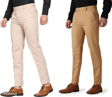 Stylish Multicoloured Cotton Blend Solid Regular Trousers For Men Combo Of 2-thumb0