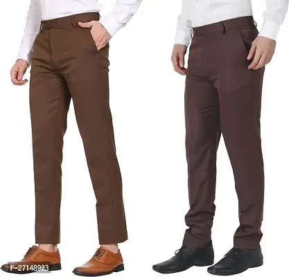 Stylish Multicoloured Polyester Cotton Blend Mid-Rise Trouser For Men Pack Of 2-thumb0