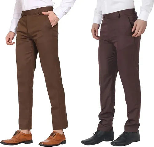 Stylish Multicoloured Polyester Cotton Blend Mid-Rise Trouser For Men Pack Of 2