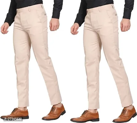 Stylish Beige Cotton Blend Solid Regular Trousers For Men Combo Of 2