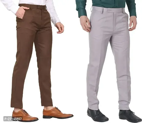 Stylish Multicoloured Polyester Cotton Blend Mid-Rise Trouser For Men Pack Of 2-thumb2