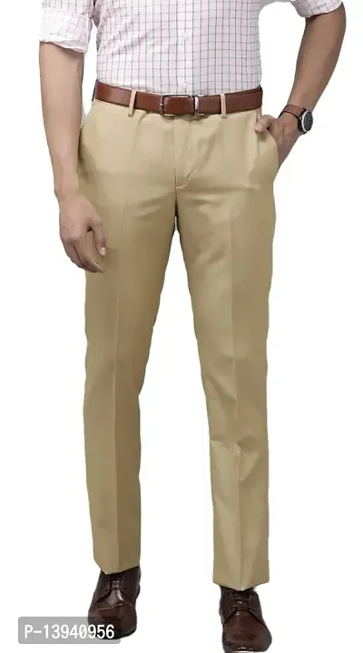 Beige Polyester Viscose Blend Casual Trousers For Men