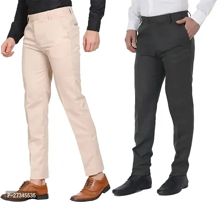 Stylish Multicoloured Cotton Blend Solid Regular Trousers For Men Combo Of 2