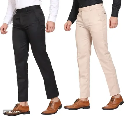 Stylish Polycotton Multicoloured Solid Regular Fit Formal Trousers For Men Pack Of 2-thumb0