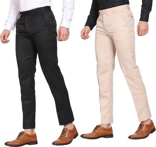 Stylish Polycotton Multicoloured Solid Regular Fit Formal Trousers For Men Pack Of 2